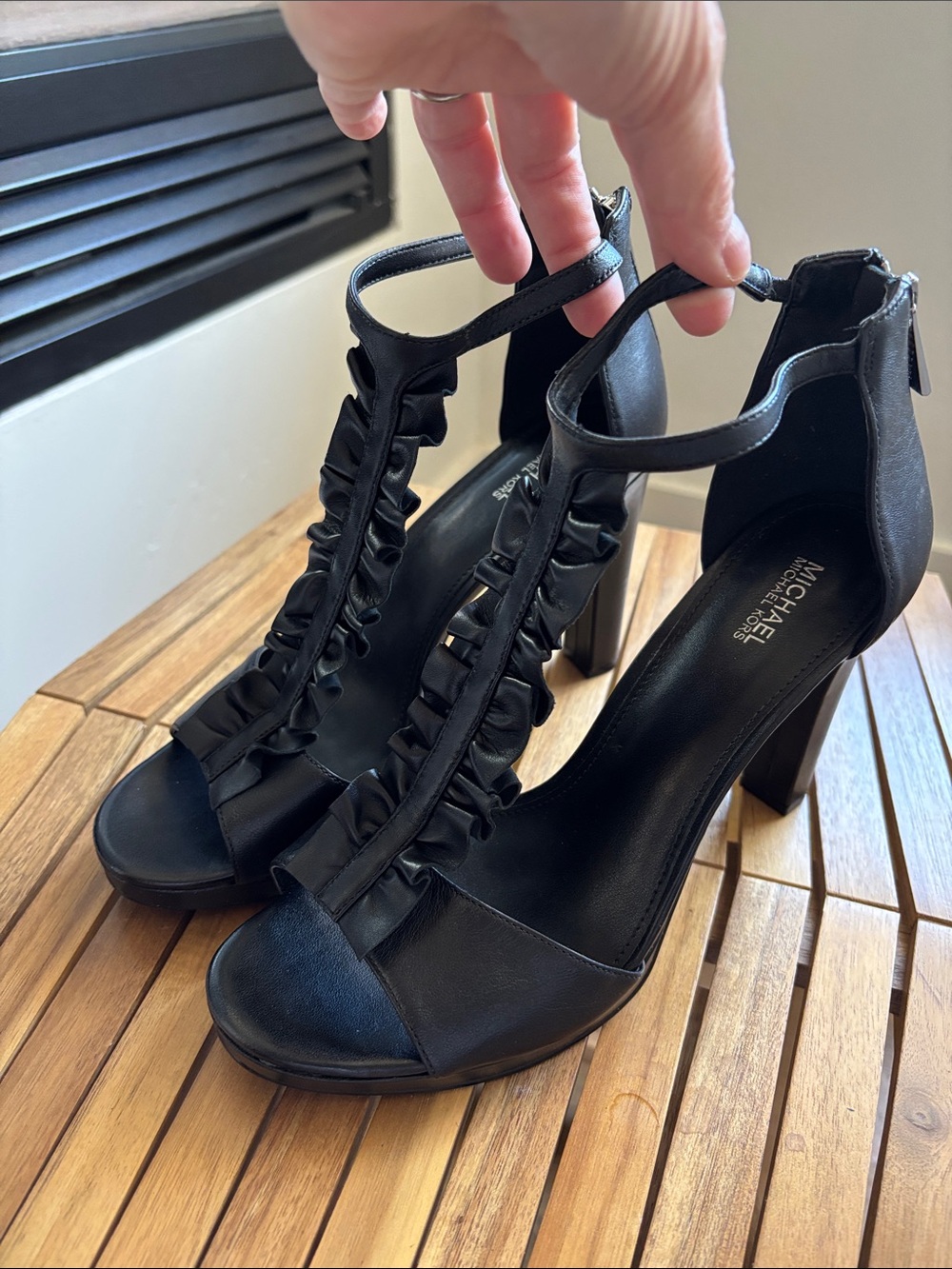 Michael Kors Black Ruffled T-Strap Block Heel Sandals